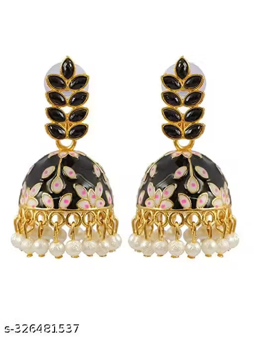 Black Ethnic Leaf Design Jhumka Earrings β Traditional Brass Jewellery for Women