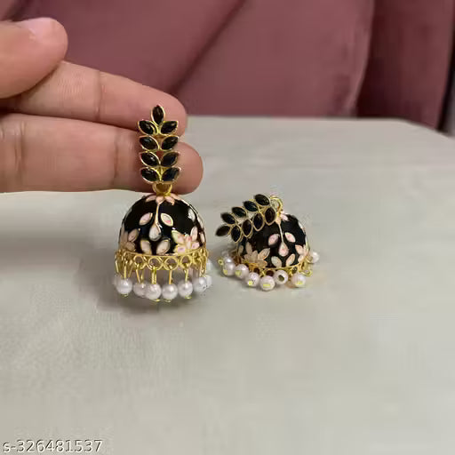 Black Ethnic Leaf Design Jhumka Earrings β Traditional Brass Jewellery for Women