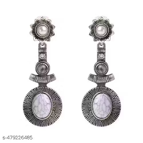 White Pearl Studded Bell Earrings โ Oxidised Silver Chandelier Earrings for Women