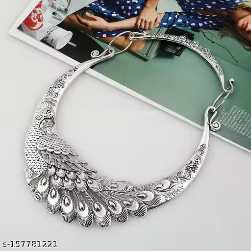 Oxidised Silver Peacock Double Beads Necklace – Adjustable Retro Folk-Style Jewellery for Women
