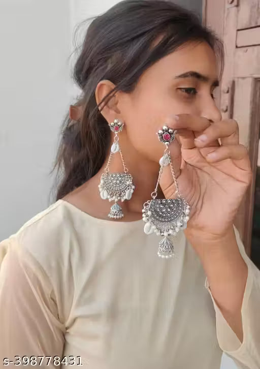 Stylish Oxidised Silver Plated Pearl Jhumkas for Women – Long Artificial Earrings