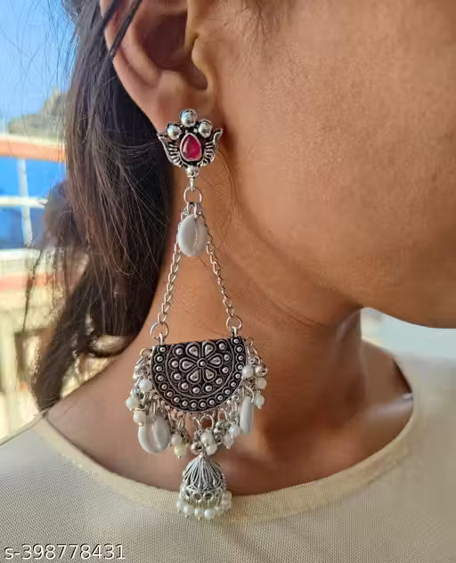Stylish Oxidised Silver Plated Pearl Jhumkas for Women – Long Artificial Earrings