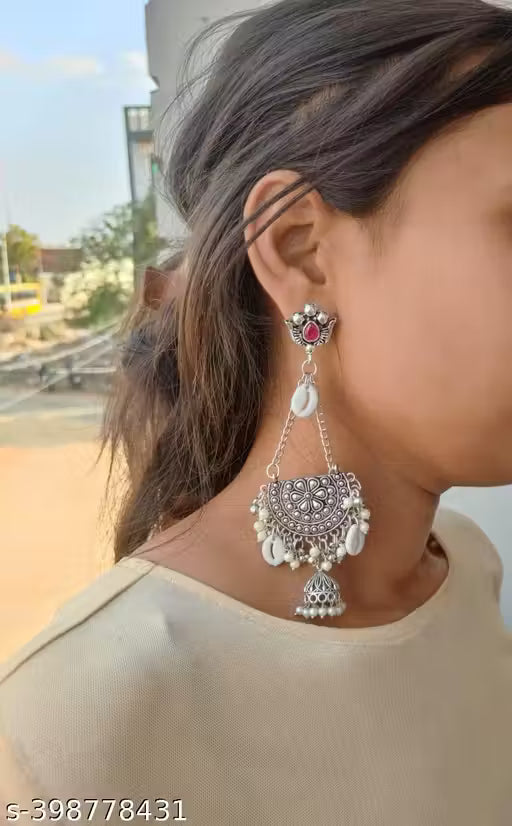 Stylish Oxidised Silver Plated Pearl Jhumkas for Women – Long Artificial Earrings