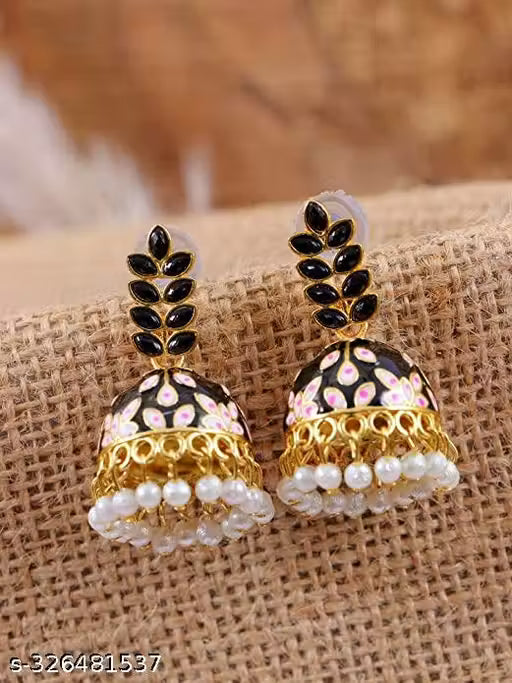 Black Ethnic Leaf Design Jhumka Earrings – Traditional Brass Jewellery for Women