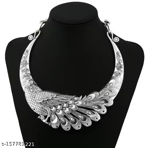 Oxidised Silver Peacock Double Beads Necklace – Adjustable Retro Folk-Style Jewellery for Women
