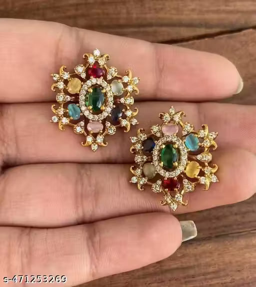 Premium Matte Finish AD Stone Earrings – Gold-Plated Oversized Studs for Women