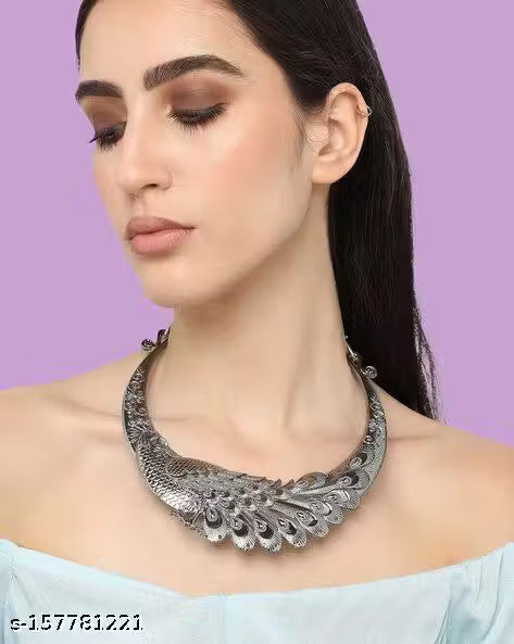 Oxidised Silver Peacock Double Beads Necklace – Adjustable Retro Folk-Style Jewellery for Women