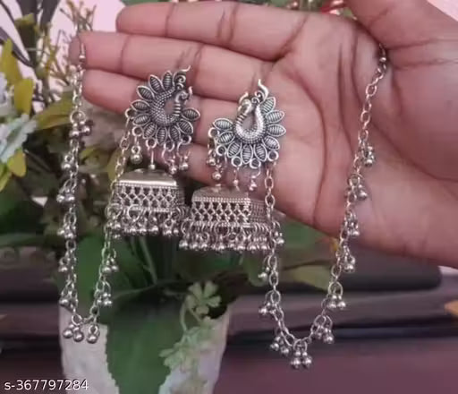 Oxidised Silver Bahubali Earrings with Chain – Traditional & Party Wear for Women