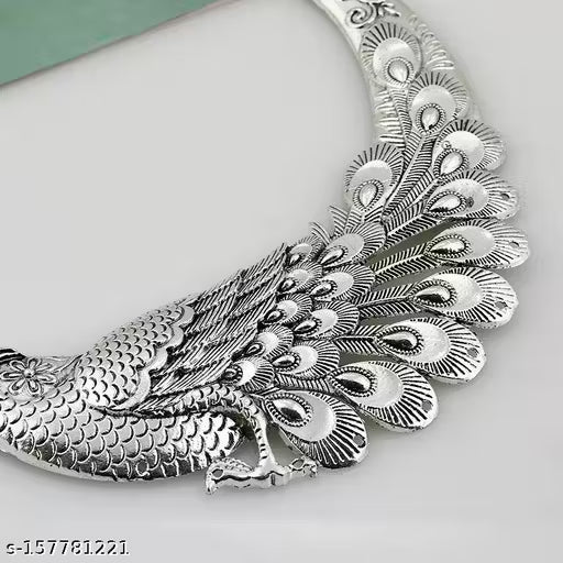 Oxidised Silver Peacock Double Beads Necklace – Adjustable Retro Folk-Style Jewellery for Women
