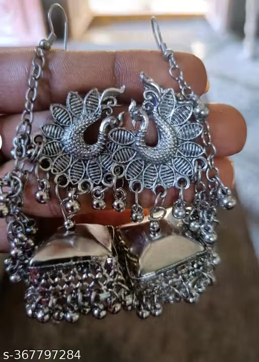 Oxidised Silver Bahubali Earrings with Chain – Traditional & Party Wear for Women