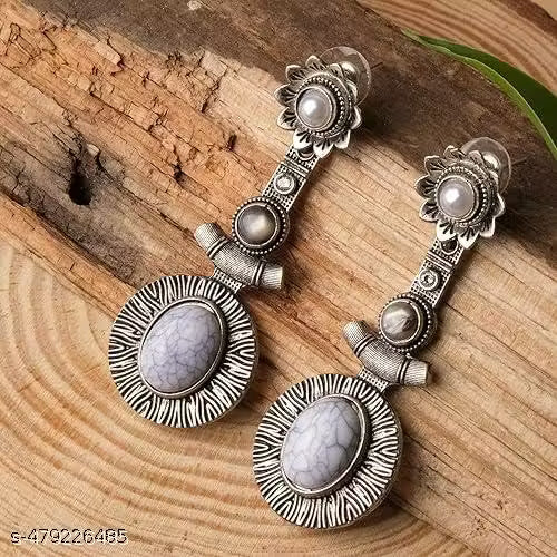 White Pearl Studded Bell Earrings – Oxidised Silver Chandelier Earrings for Women