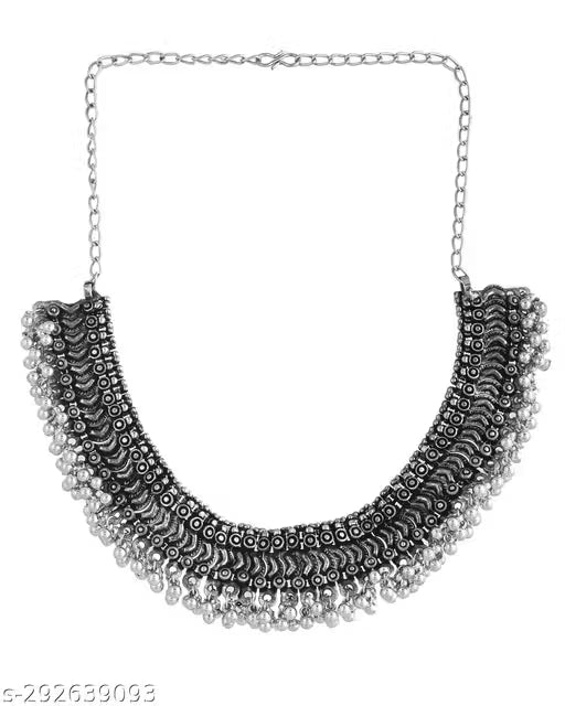 Oxidised Silver Allure Fusion Jewellery Set – Long Necklace, Choker, Bracelet & Ring for Women