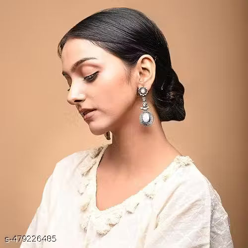 White Pearl Studded Bell Earrings – Oxidised Silver Chandelier Earrings for Women