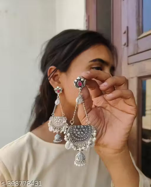 Stylish Oxidised Silver Plated Pearl Jhumkas for Women – Long Artificial Earrings