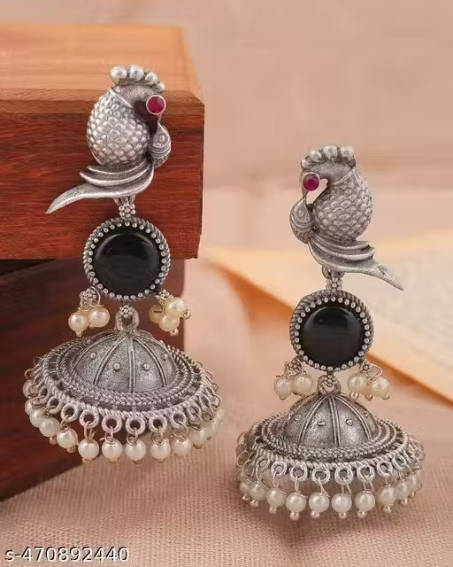 Bird Jhumki – Silver Plated Oxidised Jhumkas with Pearls for Women