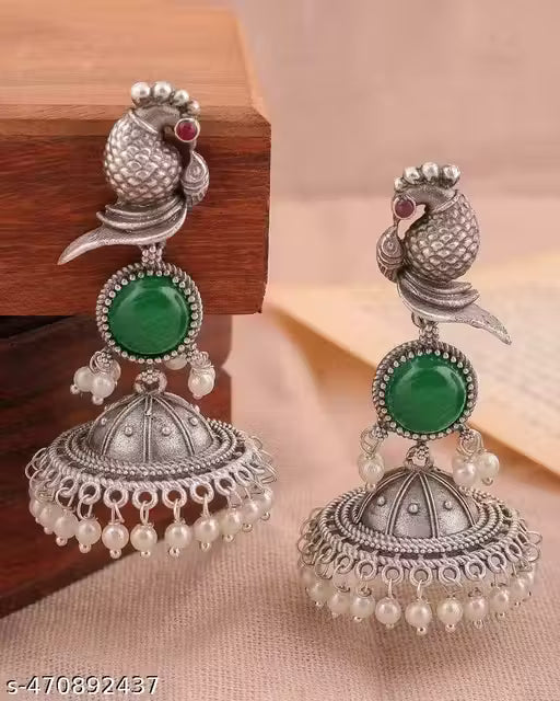 Bird Jhumki – Silver Plated Oxidised Jhumkas with Pearls for Women