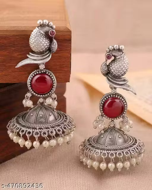 Bird Jhumki – Silver Plated Oxidised Jhumkas with Pearls for Women