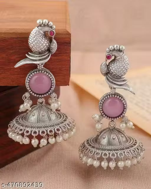 Bird Jhumki – Silver Plated Oxidised Jhumkas with Pearls for Women
