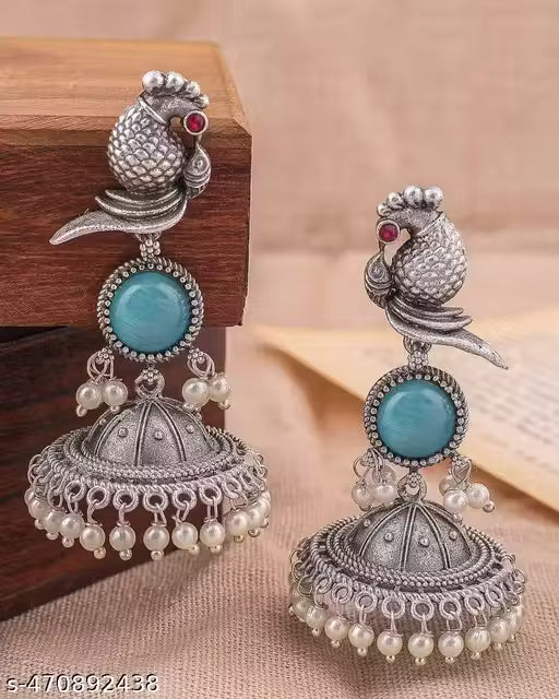 Bird Jhumki – Silver Plated Oxidised Jhumkas with Pearls for Women