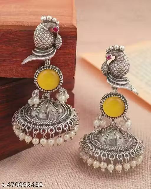 Bird Jhumki – Silver Plated Oxidised Jhumkas with Pearls for Women