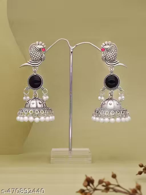 Bird Jhumki – Silver Plated Oxidised Jhumkas with Pearls for Women