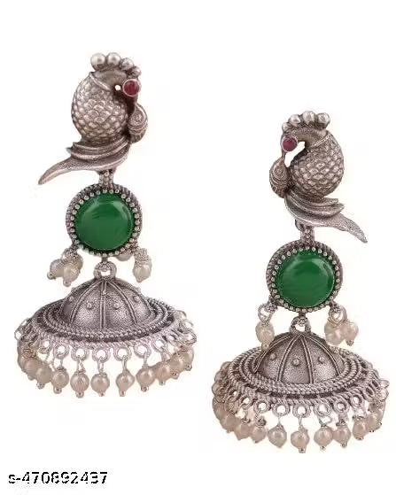 Bird Jhumki – Silver Plated Oxidised Jhumkas with Pearls for Women