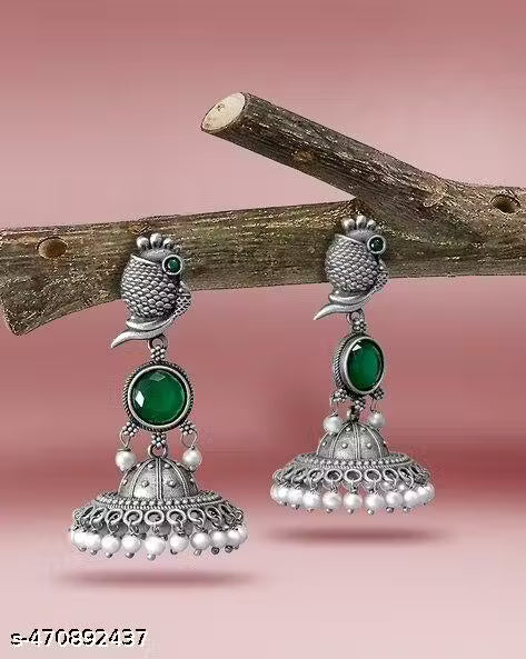 Bird Jhumki – Silver Plated Oxidised Jhumkas with Pearls for Women