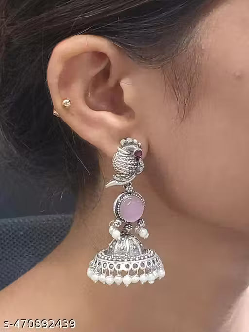 Bird Jhumki – Silver Plated Oxidised Jhumkas with Pearls for Women