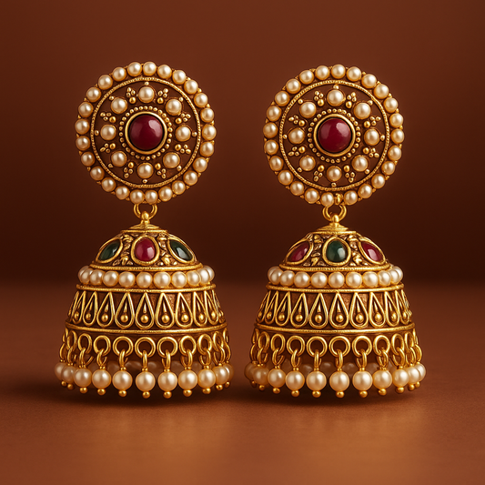 Oxidised Red Rajwadi Jhumka – Gold Plated Adjustable Earrings for Women