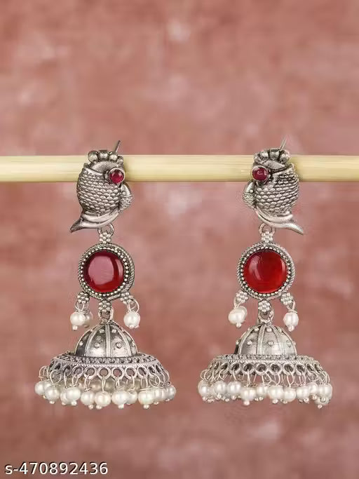 Bird Jhumki – Silver Plated Oxidised Jhumkas with Pearls for Women