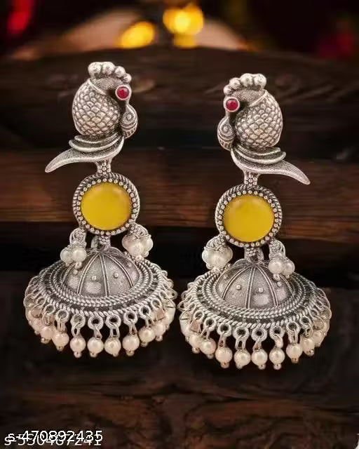 Bird Jhumki – Silver Plated Oxidised Jhumkas with Pearls for Women